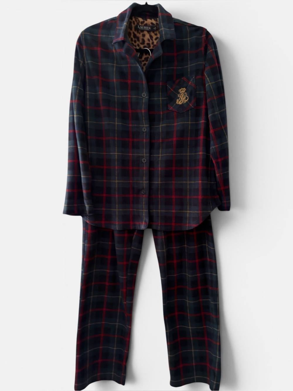 Lauren Ralph Lauren Navy Plaid Fleece Pajama Set | Med
